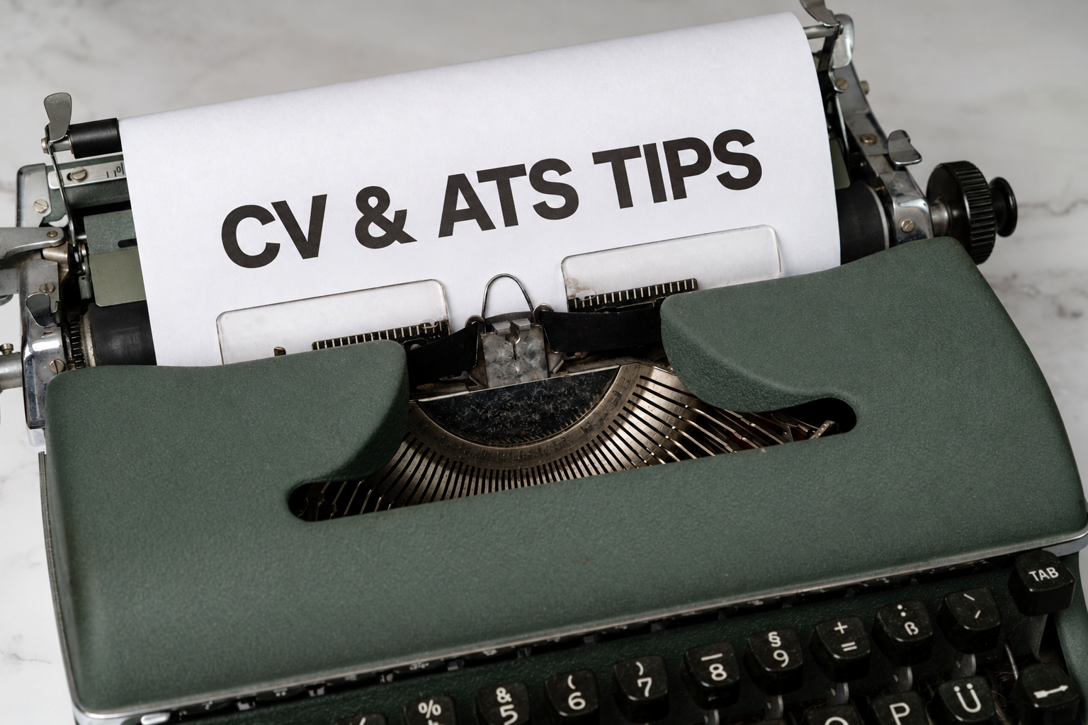 A typewriter page with the words CV and ATS tips