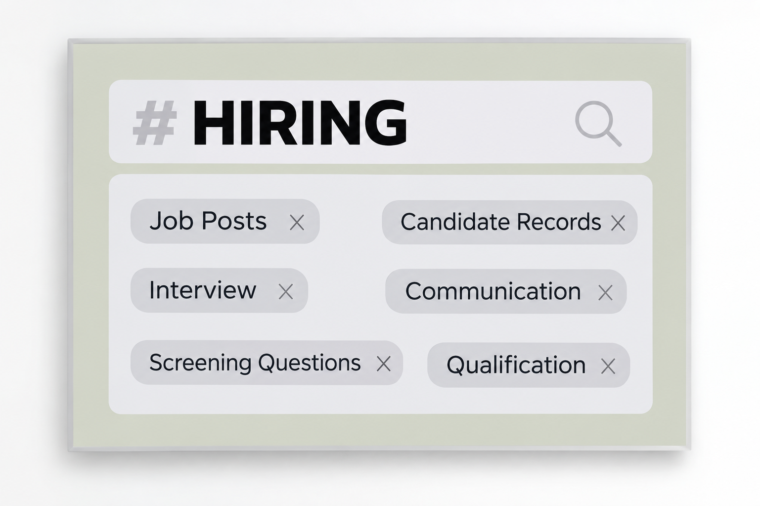 Hiring workflow showing job posts, candidate records, screening questions and application steps