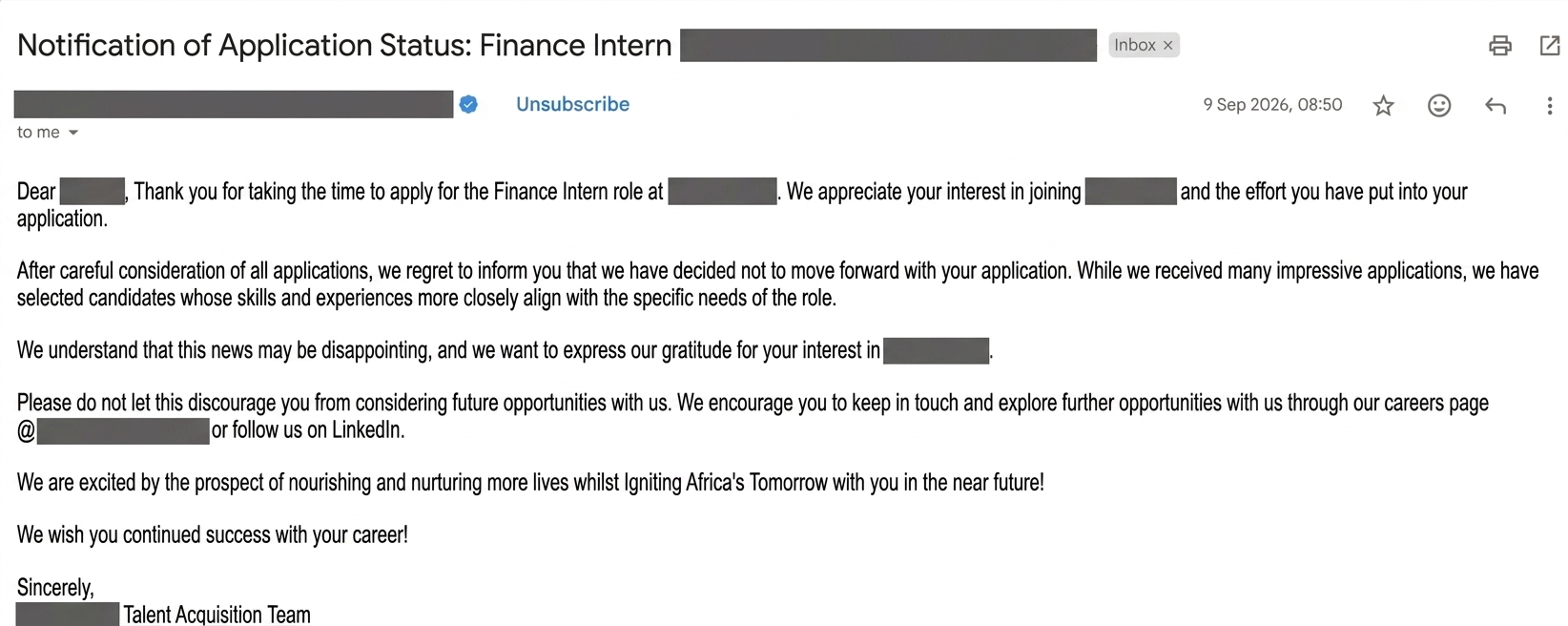 Email notification showing a job application status update